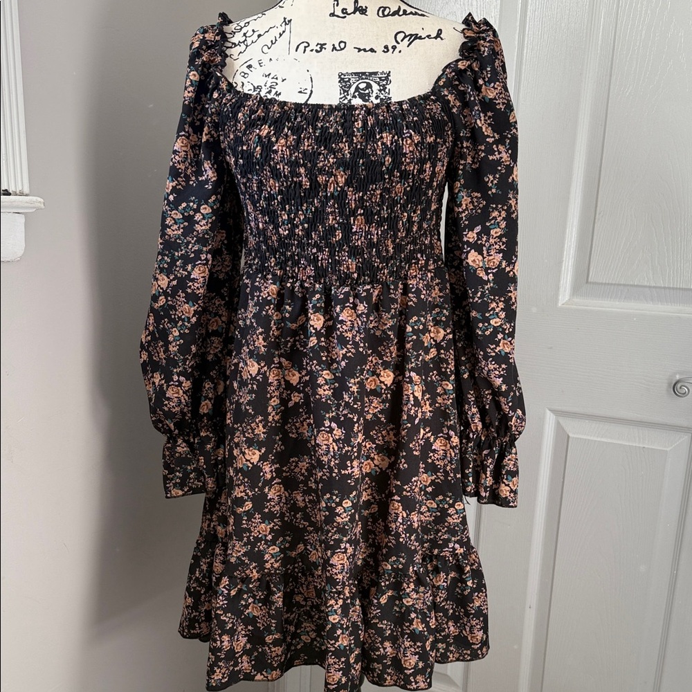 SHEIN Floral Smocked Black Dress